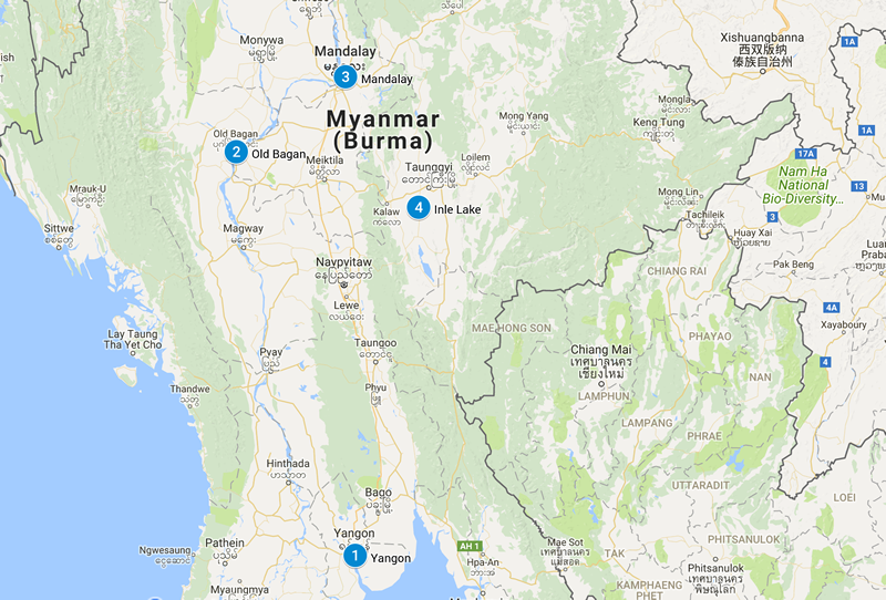 Mappa del percorso di TOUR BASE DEL MYANMAR
